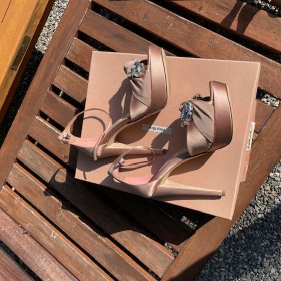 Miu Miu Nude Satin Heels with Crystal Embellishment, Size 6.5 - Picture 11 of 13